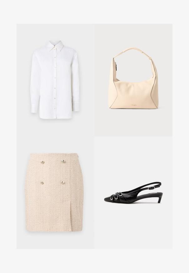 Witte linnen overhemd met een puntkraag, lange mouwen en knoopsluitingen. Heeft een ontspannen pasvorm en een gladde textuur.; Beige textured rok met een geweven patroon, voorzien van twee opvallende zilveren knopen aan de voorkant en een licht asymmetrische zoom.; Zwarte leren slingback schoen met puntige neus, drie zilveren gespen aan de voorkant en lage kittenhak op witte achtergrond.; Crème kleurige leren handtas met gevlochten handvat en gouden rits, met subtiel geperst "HUGO" logo op het voorste midden.