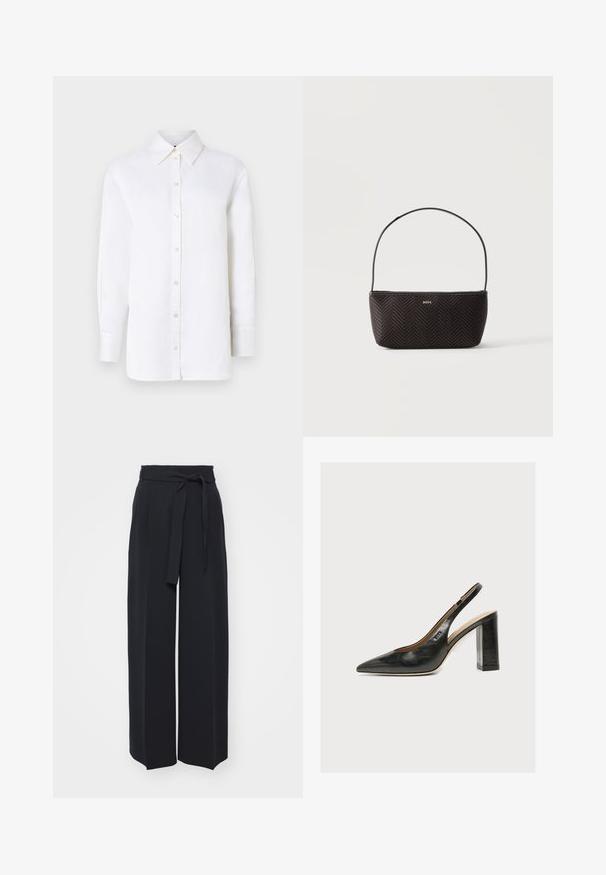 Chemise blanche en lin à col pointu, à manches longues et à fermeture boutonnée. Présente une coupe décontractée et une texture lisse.; Pantalons noirs à jambes larges en tissu doux. Dotés d'une taille ceinturée et de plis avant. Texture lisse avec un design épuré et contemporain.; Chaussure slingback femme en cuir noir avec bout pointu et talon bloc épais et haut sur fond blanc.; Sac à main noir tissé texturé avec une seule bandoulière et un petit logo doré "BOSS" au centre devant.