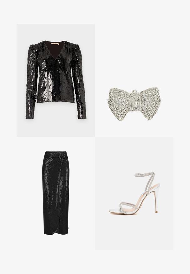 Haut à manches longues noir en sequins, avec un décolleté en V et des épaules bouffantes, présentant une surface lisse et texturée qui reflète la lumière.; Jupe portefeuille noire à sequins avec un fini texturé, de longueur genou, et un détail noué à la taille. Surface lisse et réfléchissante.; Sandale à talons hauts en argent avec des fines lanières, ornée de strass, présentant un design épuré et un bout pointu.; Pochette en forme de nœud en ton argent, ornée de strass transparents et d'un fermoir en cristal sur le dessus.