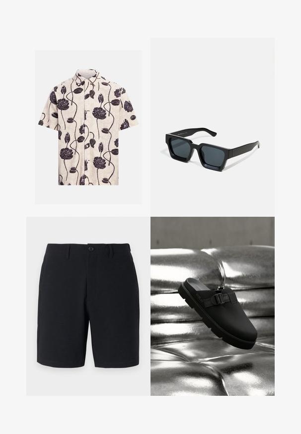 Beiges kurzärmeliges Hemd zum Knöpfen mit schwarzem Blumenmuster, das große Blumen und gewundene Stängel zeigt.; Schwarze Shorts aus strukturiertem Stoff, mit Knopfverschluss, Gürtelschlaufen und Seitentaschen; taillierte Passform mit sauberen, genähten Säumen.; Schwarzer Slipper mit strukturiertem Lederobermaterial, einer Riemen- und Schnallendetail sowie einer dicken, robusten Sohle. Glänzender metallischer Hintergrund.; Schwarze rechteckige Sonnenbrillen mit dunklen Gläsern. Dickes, glattes Kunststoffgestell mit leicht glänzender Oberfläche und geraden Bügeln.