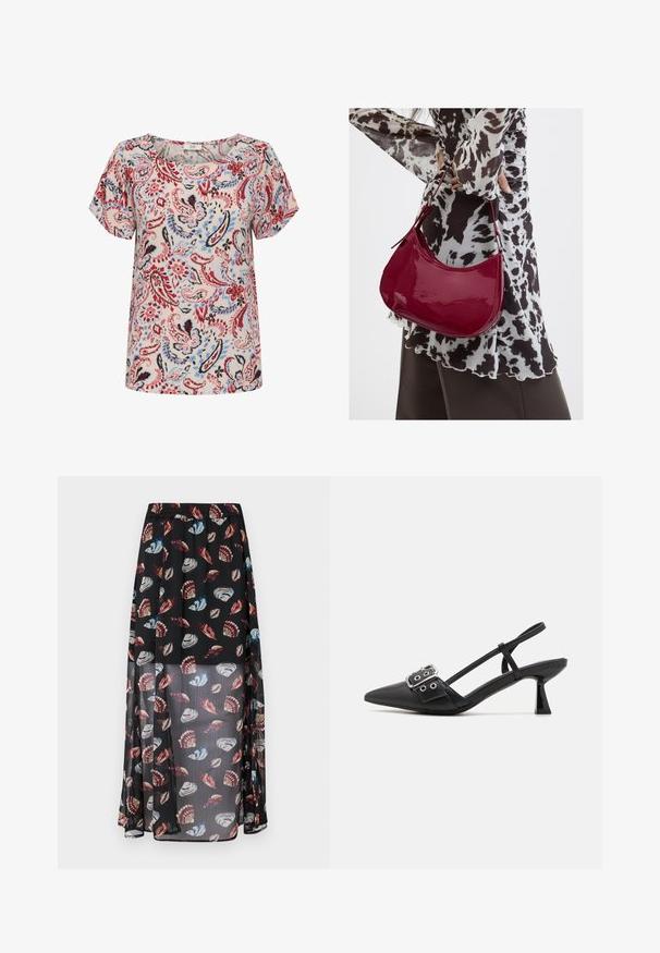 Kurzarmbluse mit einem Blumen-Paisley-Muster in Rot, Blau und Schwarz auf einem hellen Hintergrund, mit einem runden Halsauschnitt und lockerer Passform.; Schwarzer, transparenter Maxirock mit einem elastischen Bund, der ein mehrfarbiges Muschel- und Schmetterlingsmuster aufweist. Leichtes, fließendes Material.; Simmi London DALA - Pumps - black; Frau trägt eine schwarz-weiß gemusterte Bluse und hält eine glänzende rote Schultertasche vor einem einfarbigen Hintergrund.