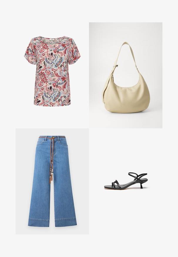 Blusa de manga corta con un patrón de paisley floral en rojo, azul y negro sobre un fondo claro, con escote redondo y corte relajado.; Jeans de mezclilla de pierna ancha en un tono azul claro con un cinturón ajustable trenzado marrón, que presenta cuentas decorativas y un diseño tradicional de cinco bolsillos.; Sandalia de cuero negro con un diseño elegante y minimalista. Presenta dos correas delgadas y un pequeño tacón inclinado. Textura suave y punta abierta.; Bolso de hombro de cuero beige con forma curva, correa ajustable y detalle de logo en relieve, que presenta una textura suave y un diseño minimalista.