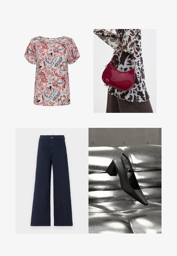 Kurzarmbluse mit einem Blumen-Paisley-Muster in Rot, Blau und Schwarz auf einem hellen Hintergrund, mit einem runden Halsauschnitt und lockerer Passform.; Marineblaue, weit geschnittene Hose aus Baumwolle mit einem Frontknopfverschluss und Taschen, ausgestattet mit einer glatten Textur und taillierter Passform.; Schwarzer Slingback-Absatz mit spitz zulaufender Spitze, der eine strukturierte Oberfläche und einen massiven Blockabsatz aufweist. Auf einem glänzenden, metallischen Hintergrund platziert.; Frau trägt eine schwarz-weiß gemusterte Bluse und hält eine glänzende rote Schultertasche vor einem einfarbigen Hintergrund.