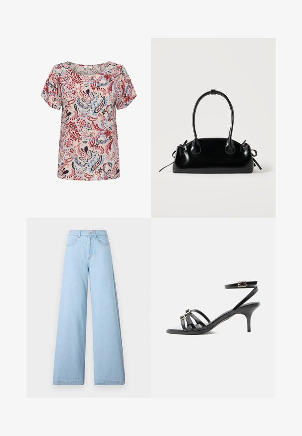 Korte mouwen blouse met een bloemen paisley patroon in rood, blauw en zwart op een lichte achtergrond, met een ronde halslijn en een relaxed fit.; Lichtblauwe wijd gewaide jeans van denim, met een hoge taille, voorzakken en schone zomen met minimale stikdetails.; Zwarte leren sandaal met bandjes, kittenheel, vierkante neus, twee voorste gespen en een enkelriem met gouden gesp.; Kleine zwarte glanzende handtas met twee lange hengsels en zijkant trekkoord details op een effen lichte achtergrond.