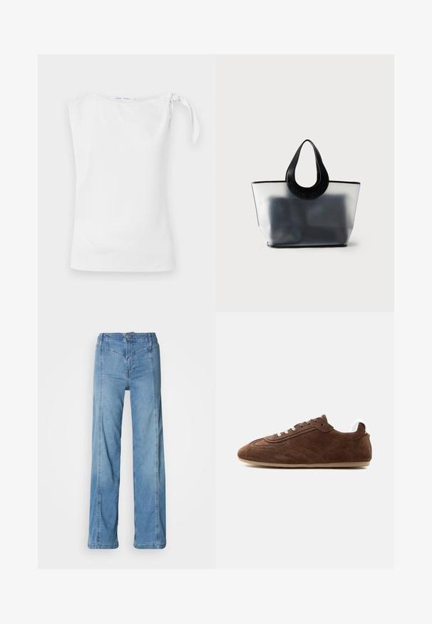 Top sans manches blanc avec un col asymétrique et un détail noué sur l'épaule gauche, fabriqué à partir d'un tissu lisse et léger.; Jean en denim bleu clair avec une coupe droite, dotée d'une taille haute, de cinq poches et de détails de couture subtils le long des coutures.; Sneakers basses en daim marron avec des lacets blancs et une languette blanche au talon sur une semelle beige clair, montrés de profil gauche.; Sac tote gris translucide avec poignées noires arrondies embossées du nom de la marque, montrant un contenu sombre flou à l'intérieur.