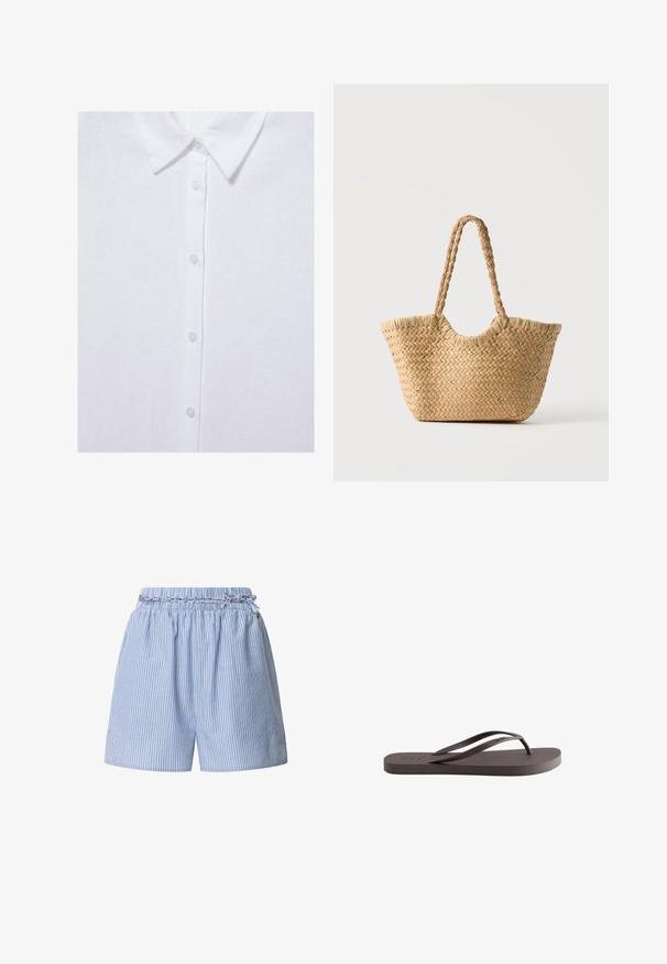 Hvid skjorte med knapper og klassisk krave, med fem synlige knapper foran på ensfarvet stof.; Blå stribede shorts med elastisk talje og et flettet snor. Har vertikale hvide striber og et afslappet design.; Enkelt mørkebrune gummiflip-flop sandal med tekstureret sål og Y-formede remme på ens hvid baggrund.; Vævet stråtaske med bred bund, flettede håndtag og naturlig beige farve på ensfarvet hvid baggrund.