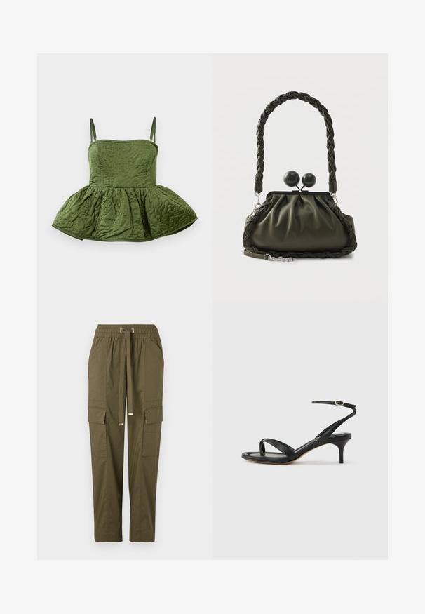 Ærmeløs grøn quiltet crop top med en flæse kant, der har indviklede overflademønstre og tynde justerbare stropper.; Oliven grønne cargo-bukser med elastisk talje, snor, to sidelommer og to cargo-lommer, der har en glat bomuldsstruktur.; Sort damesandal i læder med tynde remme, en tå-loop, ankelspænde og en mellemhøj stiletthæl på en neutral baggrund.; Olivengrøn læderhåndtaske med flettet håndtag og sølvhardware, med en samlet design og runde låsedetaljer på toppen.