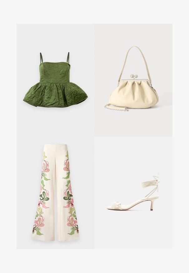 Bezrukávový zelený prešívaný crop top s rozšíreným peplum lemom, ktorý má zložitú povrchovú textúru a tenké nastaviteľné ramienka.; Rozšírené nohavice vo krémovej farbe z látky s farebnými kvetinovými vzormi v ružovej a zelenej po stranách. Hladká textúra, široký strih.; Krémovo sfarbená nízka sandála s viazaním okolo členku a širokým prekrúteným remienkom cez prsty na jednoduchom bielom pozadí.; Kremová mäkká kožená kabelka so zhrnutým dizajnom, striebornou rámovou sponou, krátkou rúčkou a odnímateľným reťazovým popruhom.