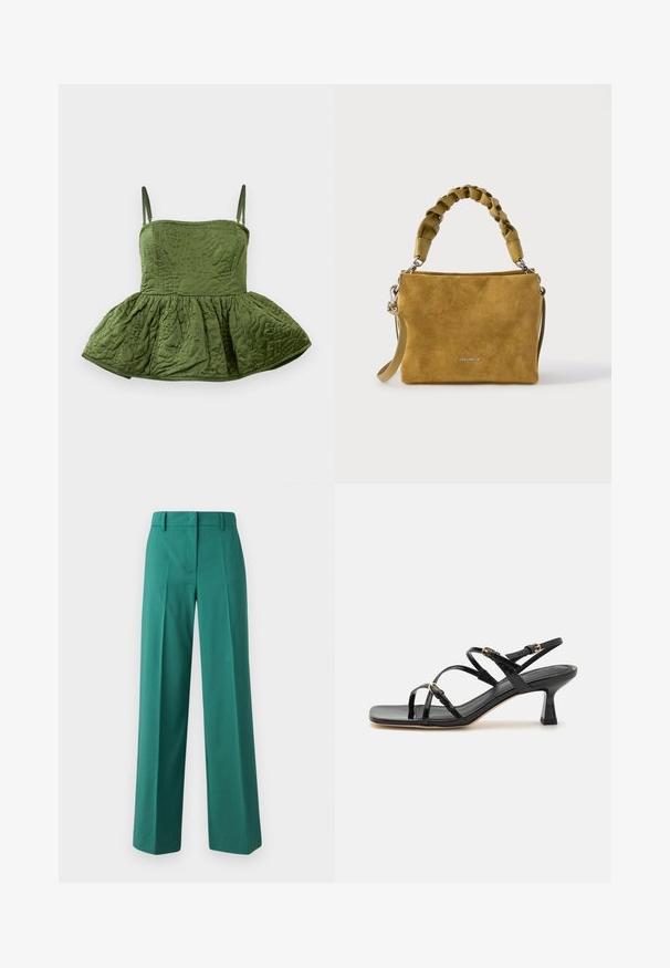 Ærmeløs grøn quiltet crop top med en flæse kant, der har indviklede overflademønstre og tynde justerbare stropper.; Grønne bukser med bred benvidde lavet af glat stof med en skræddersyet pasform, der har frontfolder og en to-lomme design.; Sorte lakerede sandaler med stropper, kvadratisk tå og en lav blokhæl. Udstyret med guldfarvet hardware og justerbare ankelremme.; Taske i lysebrunt ruskind med flettet topgreb, aftagelig skulderrem og lille sølvfarvet mærkelogo centreret foran.