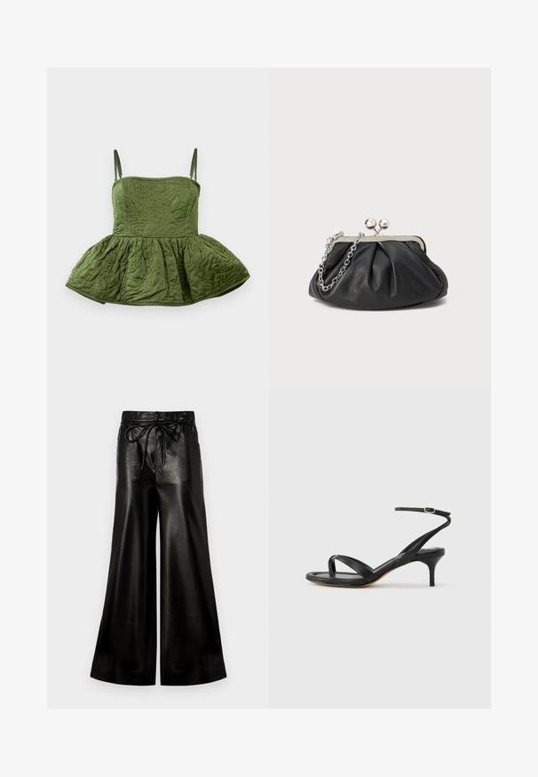 Mouwloos groen gewatteerd crop top met een uitlopende peplumzoom, voorzien van ingewikkelde oppervlakpatronen en dunne verstelbare bandjes.; Zwarte leren wijde broek met een verstelbare taille. Glad textuur, hoge taille, losse pasvorm, voorzien van zijzakken en een knoopsluiting.; Zwarte leren dames sandaal met dunne bandjes, een teengreep, een enkelgesp en een stilettohak van gemiddelde hoogte op een neutrale achtergrond.; Zwarte leren clutch met geplooide textuur, zilverkleurig metalen frame, drukknopsluiting en kettingriem. Glad, zacht oppervlak.