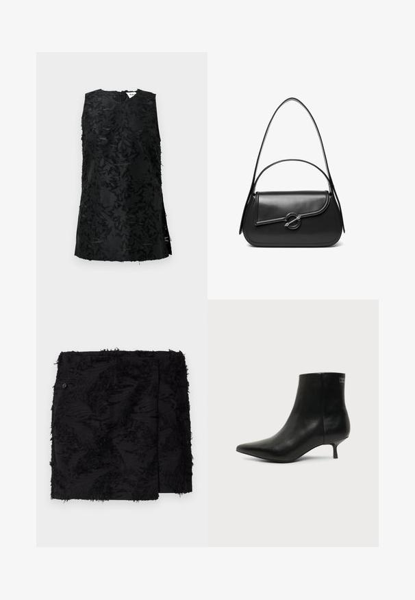 Top noir sans manches avec un motif floral texturé, doté d'un décolleté en V et de fentes sur les côtés. Fabriqué dans un tissu légèrement brillant. Fermeture à glissière au dos.; Jupe noire en tissu texturé avec des accents effilochés. Forme carrée, longueur au-dessus du genou et détail de bouton sur le côté.; Bottine en cuir noir avec bout pointu et petit talon kitten sur fond clair, vue côté extérieur.; Sac à bandoulière en cuir noir avec un rabat incurvé fermé par un fermoir métallique rond et une sangle fine et ajustable.