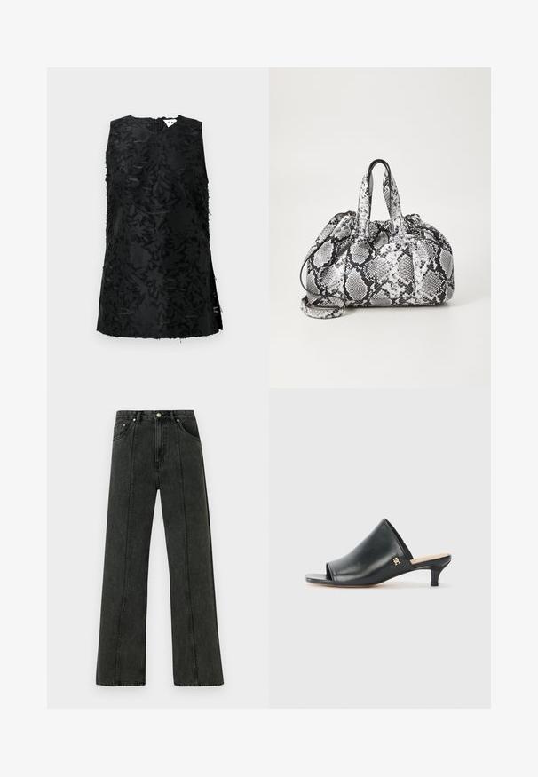 Top negro sin mangas con un patrón floral texturizado, con escote en V y aberturas laterales. Hecho de una tela con un ligero brillo. Cierre de cremallera en la parte posterior.; Vaqueros de tiro alto y pierna ancha en denim gris oscuro. Presentan un diseño clásico de cinco bolsillos y costuras visibles a lo largo de las costuras frontales.; Mules de cuero negro de punta abierta con un tacón bajo. Presentan una superficie lisa y un acento del logo dorado en el costado.; Bolso de mano con patrón de piel de serpiente en blanco y negro, con dos asas, un cierre de cordón y una correa para el hombro desmontable. Textura suave.