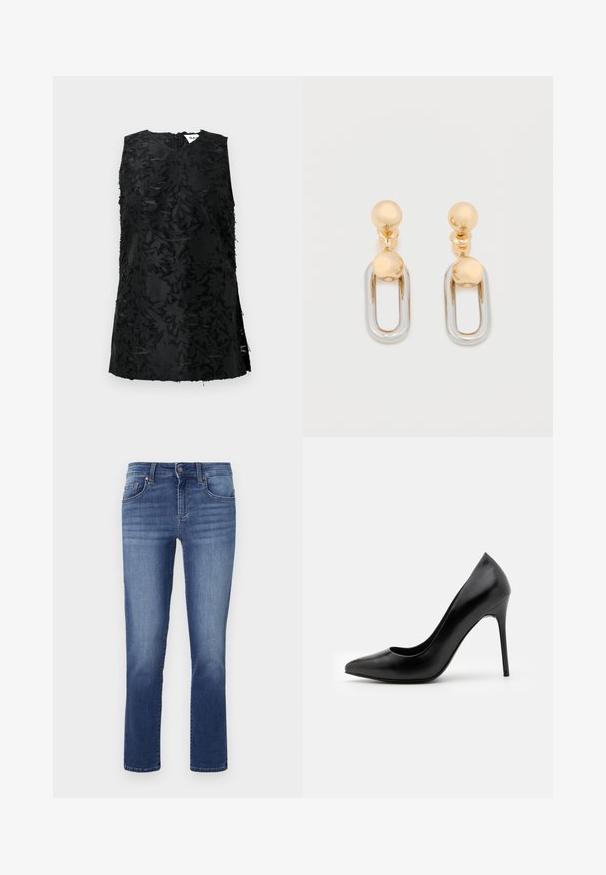 Top noir sans manches avec un motif floral texturé, doté d'un décolleté en V et de fentes sur les côtés. Fabriqué dans un tissu légèrement brillant. Fermeture à glissière au dos.; Jean en denim de couleur bleu moyen, style droit. Comprend cinq poches, des passants de ceinture et une fermeture à glissière bouton. Texture lisse et couture régulière.; Escarpin noir en cuir avec un bout pointu et une texture lisse. Dispose d'un talon aiguille fin et d'un décolleté bas.; Boucles d'oreilles en or et argent avec un dessus sphérique et un élément pendant ovale allongé à finition brillante.