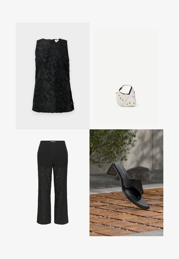Top noir sans manches avec un motif floral texturé, doté d'un décolleté en V et de fentes sur les côtés. Fabriqué dans un tissu légèrement brillant. Fermeture à glissière au dos.; Pantalons en dentelle noire avec un motif, des jambes larges, et une taille douce, avec des sections transparentes pour ajouter de la texture.; Sandale à talon noire Calvin Klein avec boucle pour l’orteil, posée sur un sol en carreaux de bois en extérieur, près d’un arbre et d’un mur en pierre.; Petit sac à main blanc avec des taches marron, forme triangulaire arrondie, doublure intérieure noire et bandoulière courte réglable avec boucle argentée.