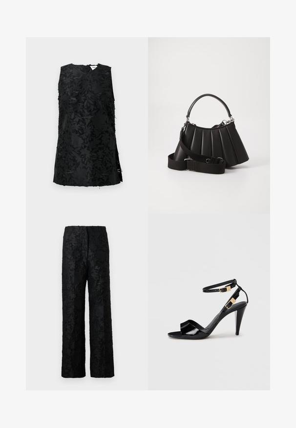 Top noir sans manches avec un motif floral texturé, doté d'un décolleté en V et de fentes sur les côtés. Fabriqué dans un tissu légèrement brillant. Fermeture à glissière au dos.; Pantalon noir avec un motif floral texturé, fabriqué dans un matériau doux, présentant une coupe ample à jambes larges et une taille haute.; Sandale à talon haut en cuir verni noir avec double bride de cheville et boucles dorées, bout ouvert, et talon effilé sur fond neutre.; Sac à main plissé noir avec une poignée arrondie, une bandoulière réglable et une texture brillante. Présente des accessoires en argent et une silhouette structurée.