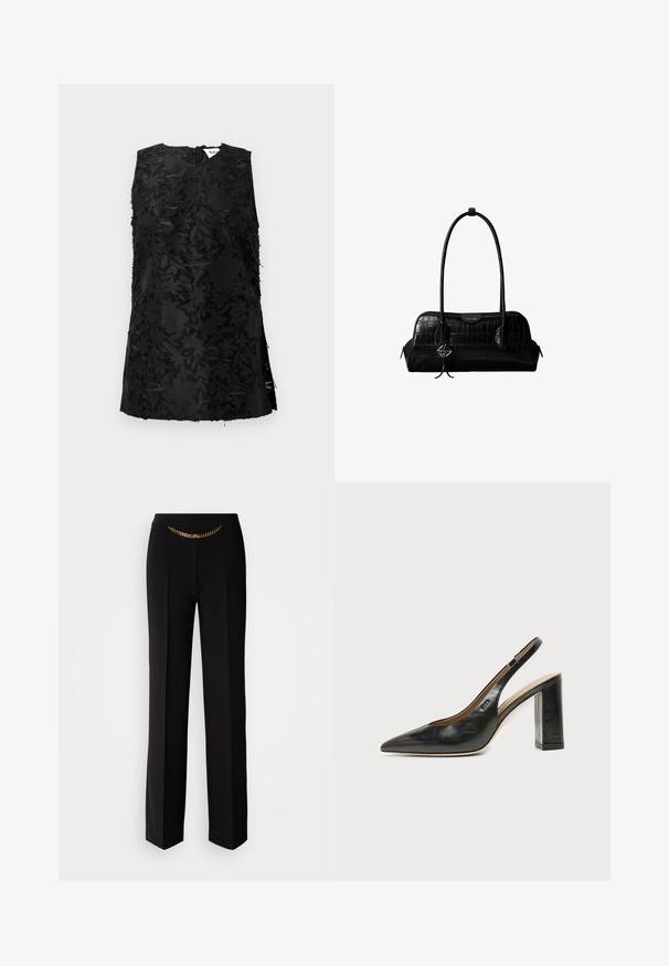 Sort ærmeløs top med struktureret blomsterdesign, der har V-udskæring og sideslidser. Fremstillet af stof med en let glans. Lynlås lukning i ryggen.; MARCIANO BY GUESS ELLA CHAIN STRAIGHT PANTS - Bukser - black; Sort læder peep-toe slingback sko med høj blokhæl og beige indvendig foring mod en ensfarvet lys baggrund.; Sort skuldertaske i krokodillelæder med lange stropper og lille sølvlogo-charm på den ene strop.