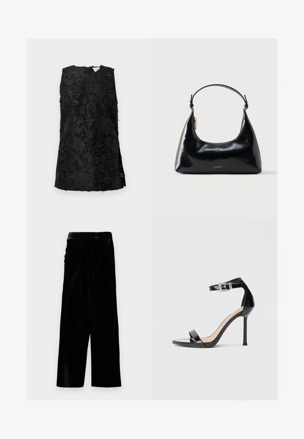 Top noir sans manches avec un motif floral texturé, doté d'un décolleté en V et de fentes sur les côtés. Fabriqué dans un tissu légèrement brillant. Fermeture à glissière au dos.; Pantalons larges en velours noir avec une taille haute et une fermeture éclair sur le côté, présentés sur un fond blanc.; Sandale à talon haut en cuir verni noir avec bride à la cheville. Présente un design minimaliste, un bout ouvert et une boucle ornée de strass.; Sac à main Calvin Klein noir brillant avec fermeture éclair dorée et anse courte sur fond blanc uni.