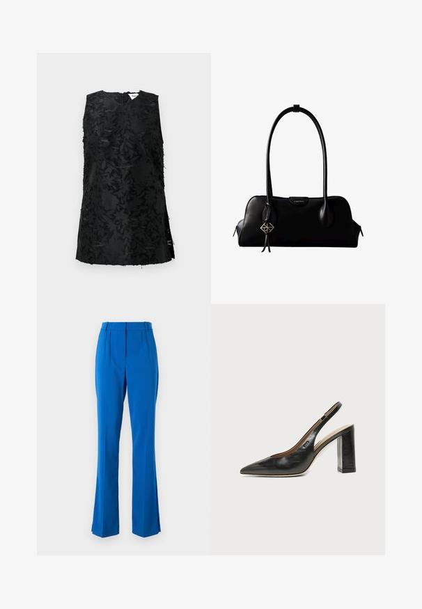 Top noir sans manches avec un motif floral texturé, doté d'un décolleté en V et de fentes sur les côtés. Fabriqué dans un tissu légèrement brillant. Fermeture à glissière au dos.; Pantalons tailleurs bleus avec taille haute, devant plissé et jambes évasées avec fentes sur les côtés, fabriqués en un tissu lisse et léger.; Chaussure slingback en cuir noir à bout pointu avec un talon bloc haut et une doublure intérieure beige sur un fond clair uni.; Sac à main en cuir noir Calvin Klein avec de longues anses, une étiquette logo à l'avant et un charme géométrique argenté suspendu à une anse.