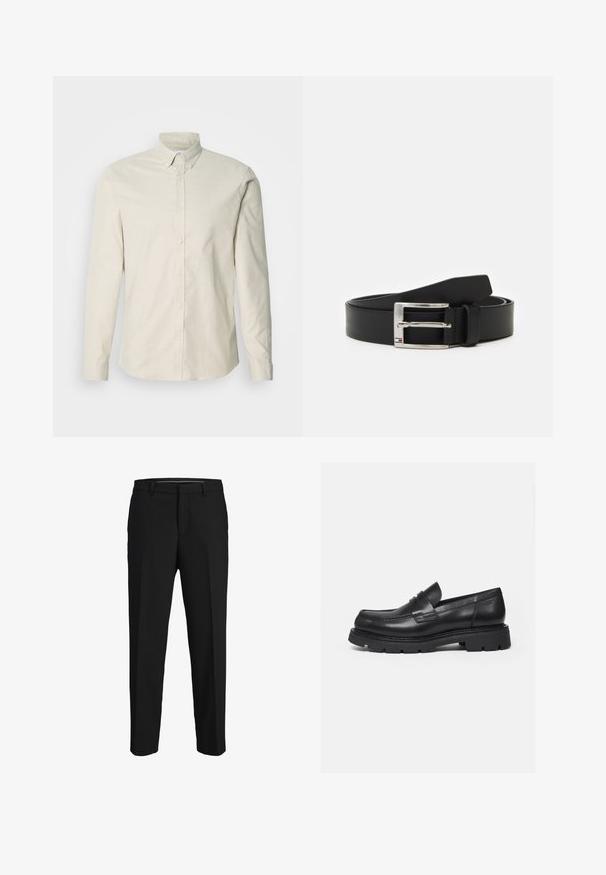 Chemise à manches longues couleur beige clair en tissu lisse. Dotée d'un col pointu, d'une fermeture à boutons et d'une coupe classique.; Pantalons noirs en tissu lisse, présentant une coupe droite, des passants de ceinture et un devant plat sans motifs ni embellissements visibles.; Mocassin en cuir noir avec semelle épaisse crantée et détail de bride penny, présenté en profil droit sur fond blanc.; Ceinture en cuir noir avec une boucle en argent brillante, présentant une forme rectangulaire et un petit logo près de la boucle. Texture lisse.