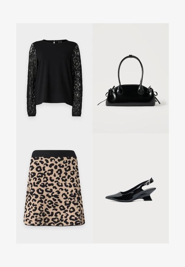Haut noir avec un buste uni et des manches longues en dentelle noire complexe, avec un col rond et une ouverture en forme de clé à l'arrière.; Jupe en imprimé léopard avec taille noire, fond beige et taches noires irrégulières, présentée à plat sur un fond blanc.; Chaussure slingback en cuir verni noir avec bout pointu et petit talon bloc incliné sur fond clair uni.; Petit sac à main noir brillant avec deux longues anses et des détails à cordon sur les côtés sur un fond clair uni.