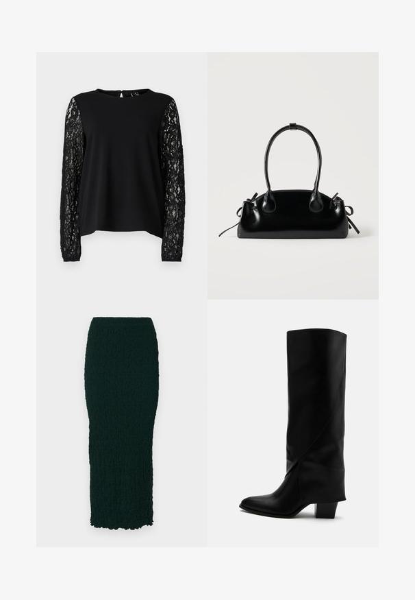 Haut noir avec un buste uni et des manches longues en dentelle noire complexe, avec un col rond et une ouverture en forme de clé à l'arrière.; Jupe sombre verte, texturée, longueur genou avec une silhouette ajustée et un ourlet ondulé. Le matériau semble froissé avec une finition lisse.; Botte haute en cuir noir avec couture inclinée, bout pointu et talon épais de taille moyenne sur fond blanc.; Petit sac à main noir brillant avec deux longues anses et des détails à cordon sur les côtés sur un fond clair uni.