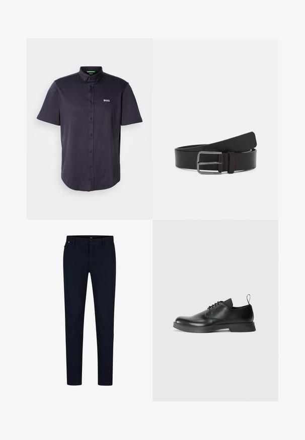 Polo de manga corta en azul marino oscuro hecho de una mezcla de algodón suave, con cuello abotonado y logo "BOSS" bordado en el pecho.; Pantalones navy confeccionados en tejido suave, con un corte ajustado, trabillas para cinturón y una cremallera oculta. Sin patrones ni acentos notables.; Zapato de cuero negro con cordones, acabado suave, punta redonda y un diseño minimalista. Presenta una tira de agarre sutil en contraste y suela de goma.; Cinturón de cuero negro con un diseño plano, hebilla metálica y detalle de costura roja. Textura suave y extremos redondeados.