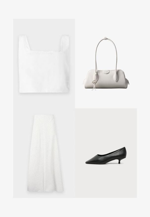 Hvid cropped top med firkantet udskæring, lavet af letvægtsstof. Har ren syning og brede stropper.; Hvid nederdel med diagonale navy striber, let svævende design og en glat tekstur. Har høj talje og en rummelig A-form.; Sort lavhælet damesko i læder med spids tå og lille kitten heel på ensfarvet lys baggrund.; Hvid Calvin Klein skuldertaske med lange håndtag, rektangulær form, lynlåslukning og dekorativt logohæng tæt på håndtaget.
