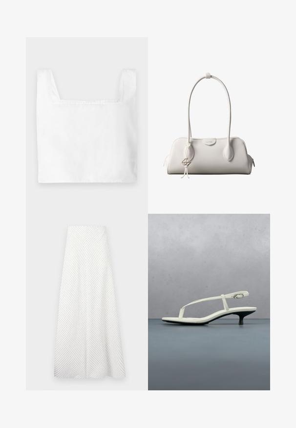Top cropped blanc avec un décolletage carré, en tissu léger. Présente des coutures nettes et de larges bretelles.; Jupe blanche à rayures diagonales bleu marine, au design fluide et à la texture douce. Présente une taille haute et une forme ample en A.; Sandale blanche à talon kitten avec des lanières et un bout pointu, flottant au-dessus d'un sol en carrelage en bois en plein air avec un arrière-plan flou de plante et de mur.; Sac à bandoulière blanc Calvin Klein avec longues poignées, forme rectangulaire, fermeture éclair et charm logo décoratif suspendu près de la poignée.