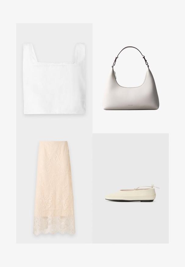 Top cropped blanc avec un décolletage carré, en tissu léger. Présente des coutures nettes et de larges bretelles.; Jupe midi couleur crème avec une superposition en dentelle florale complexe et un ourlet festonné, présentée à plat sur un fond blanc.; Des chaussures plates de couleur crème avec un bout arrondi, une sangle à la cheville et une semelle en caoutchouc noir contrastante. Matériau lisse avec un detailing minimal.; Sac à bandoulière en cuir couleur crème de Calvin Klein avec bord supérieur incurvé, fermeture éclair argentée et sangle ajustable brun foncé.