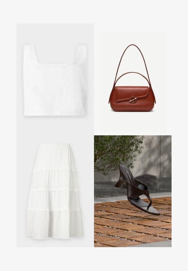 Top cropped blanc avec un décolletage carré, en tissu léger. Présente des coutures nettes et de larges bretelles.; Jupe midi blanche à volants avec panneaux alternés unis et en dentelle à œillets, avec un léger volant aux coutures.; Sandale à talon marron Calvin Klein suspendue au-dessus d'un sol extérieur en dalles de bois et gravier avec un arrière-plan flou de verdure et de pierres.; Sac à bandoulière en cuir marron de forme rectangulaire arrondie, rabat asymétrique, fermoir circulaire argenté et deux fines bretelles.