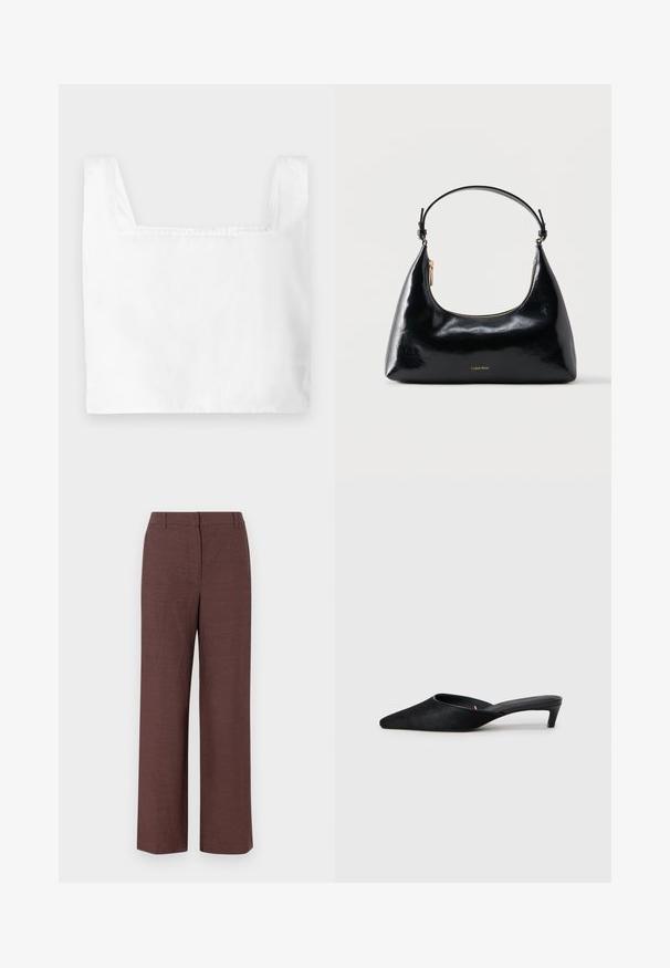 Hvid cropped top med firkantet udskæring, lavet af letvægtsstof. Har ren syning og brede stropper.; Brune bredbensbukser lavet af tekstureret stof med en glat finish, med flad front, bæltesløjfer og sidelommer.; Sorte suedeslippers med spids tå og lav hæl. Har en glat tekstur og åben ryg for nem påklædning. Simpelt design uden mønstre.; Sort blank Calvin Klein håndtaske med gyldent lynlås og kort rem mod en ensfarvet hvid baggrund.