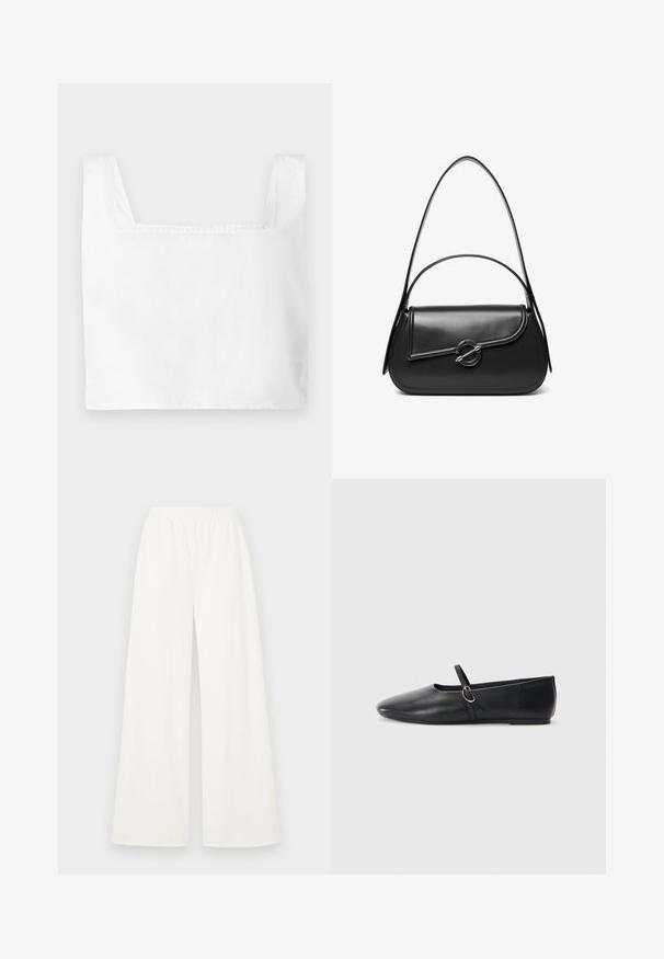 Top cropped blanc avec un décolletage carré, en tissu léger. Présente des coutures nettes et de larges bretelles.; Pantalons larges en tissu blanc léger et doux. Dotés d'une taille élastique pour le confort et d'une texture lisse sans motifs visibles.; Ballerines noires en cuir avec un bout pointu, une semelle plate et une petite sangle avec un détail de boucle en argent.; Sac à bandoulière en cuir noir avec un rabat incurvé fermé par un fermoir métallique rond et une sangle fine et ajustable.