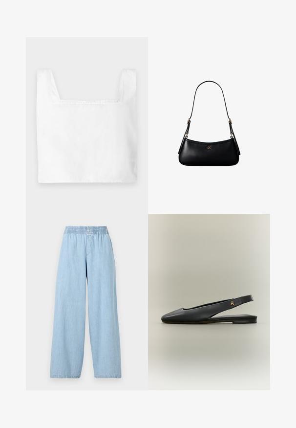 White cropped top with a square neckline, made of lightweight fabric. Features clean stitching and wide shoulder straps.; Light blue, wide-leg pants made of denim with an elastic waistband. Smooth texture with no visible patterns or embellishments.; Black leather slingback flat shoe with pointed toe and gold logo accent on the strap, displayed on a neutral background.; Black leather mini shoulder bag with thin strap and small gold CK logo on front center.