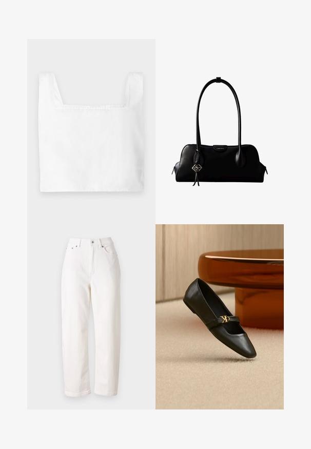Top cropped blanc avec un décolletage carré, en tissu léger. Présente des coutures nettes et de larges bretelles.; Jean en denim blanc avec une coupe droite, taille haute, fermeture éclair et bouton métallique. Comprend cinq poches et une couture discrète.; Chaussure plate en cuir noir avec bout pointu et logo CK doré sur la bride, posée sur un tapis beige près d'une table ronde couleur ambre brun.; Sac à main en cuir noir Calvin Klein avec de longues anses, une étiquette logo à l'avant et un charme géométrique argenté suspendu à une anse.