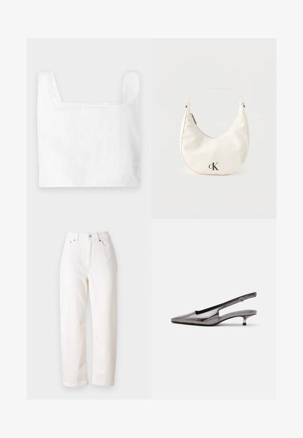 Top cropped blanc avec un décolletage carré, en tissu léger. Présente des coutures nettes et de larges bretelles.; Jean en denim blanc avec une coupe droite, taille haute, fermeture éclair et bouton métallique. Comprend cinq poches et une couture discrète.; Chaussure slingback gris métallique à bout pointu, petit talon kitten et bride réglable sur fond blanc.; Petit sac à main blanc en forme de croissant avec une courte bandoulière, fermeture éclair et logo "cK" noir sur le devant.