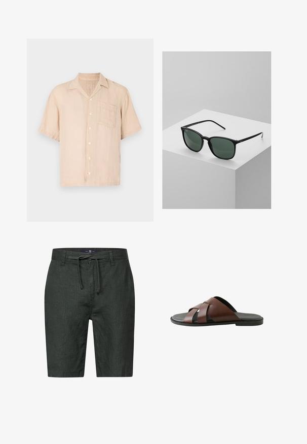 Kurzärmeliges, hellbeiges Leinenhemd mit spitzem Kragen, Knopfleiste und Brusttasche. Weiche Textur und lockere Passform.; Dunkelgrüne Leinen-Shorts mit einem Kordelzugbund. Verfügt über seitliche Taschen und einen geraden Schnitt. Glatte Textur mit subtiler sheen.; Braune Herren-Pantoletten aus Leder mit gekreuzten Riemen und schwarzer Sohle, seitlich auf weißem Hintergrund dargestellt.; Schwarze rechteckige Sonnenbrille mit dunkelgrünen Gläsern, ausgestattet mit einem leichten Kunststoffrahmen und silbernen Akzenten an den Bügeln.