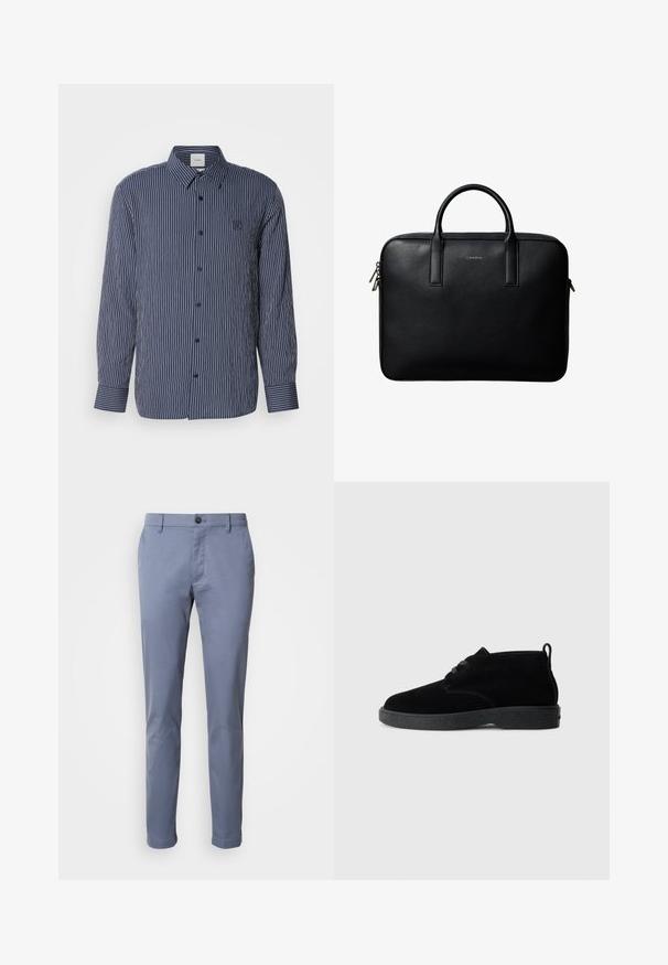 Tumesinine nuppudega särk valgete vertikaalsete triipudega, pika varrukaga, terava kaelusega ja tikandiga logo rinnal.; Heledad sinised, slim-fit puuvillased chinos. Omavad nuppudega kinnitamist ja küljekotte, sujuva tekstuuri ning hästi istuvat välimust.; Mustad nahast pahkluu saapad ümarate varvastega, paeltega disain, must kummitald ja seljaosas tõmblõng mugavaks selga panemiseks.; Mustast tekstuuriga nahast portfell kahe käsitsemisvõimalusega ja hõbedaste tõmblukuga, valge tausta keskel.