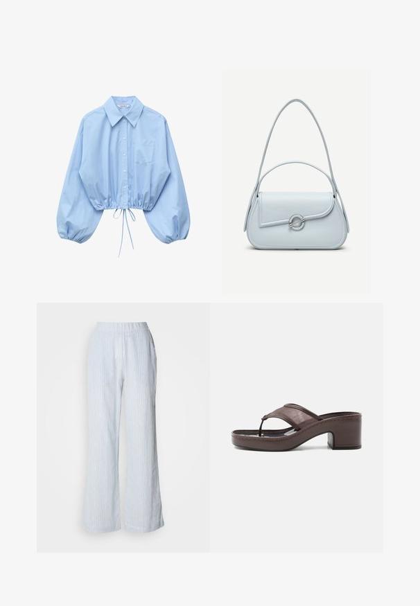 Lyseblå cropped bluse med lange ærmer, knapper foran, brystlomme, bred krave, elastisk kant med snor og puffede ærmer.; Lyseblå brede bukser med lodrette hvide og røde striber. Har en elastisk talje og sidelommer. Glat bomuldsagtig tekstur.; Brun sandal med hæl med mesh-rem og tæst design, med blokhæl og syet sål, vist i profil mod hvid baggrund.; Lyseblå lædertaske med rundet flap, sølvfarvet cirkulært lås og to skulderstropper mod en ensfarvet baggrund.