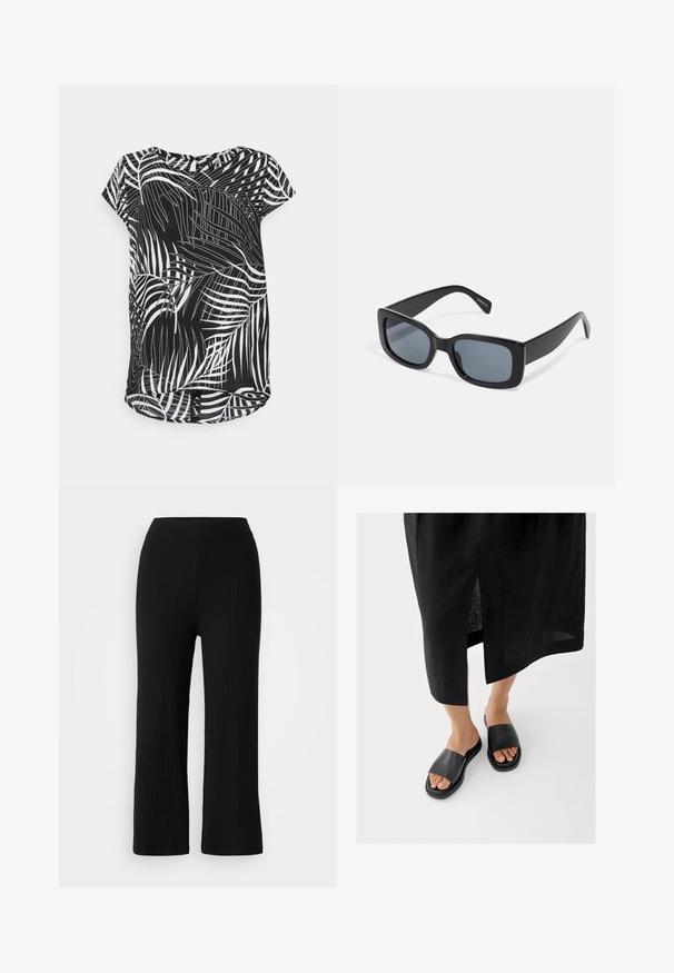 ONLY Petite ONLFRIDA - Bluse - black; Sorte ribbede bredbenede bukser med elastisk talje, fremstillet af et tekstureret stof og med lige snit, velegnede til afslappet brug.; Sorte slidssandaler med bred rem, flad sål og minimalistisk design. Materialet virker glat med en mat finish.; Sorte rektangulære solbriller med mørkt tonede linser, tyk plastramme og brede stænger. Glat overflade og kantet design.