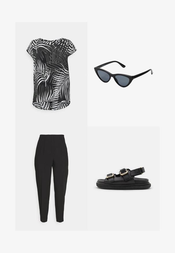 ONLY Petite ONLFRIDA - Blouse - black; Des pantalons noirs ajustés présentent une taille haute, des plis avant, des jambes fuselées et une texture lisse. Fabriqués dans un tissu léger, sans fermetures visibles.; ALOHAS HARPER - Sandales - black; Lunettes de soleil noires en forme d'œil de chat avec des verres gris foncé, monture en plastique élégante, coins pointus et branches droites. Pas de métal visible ni d'accents.