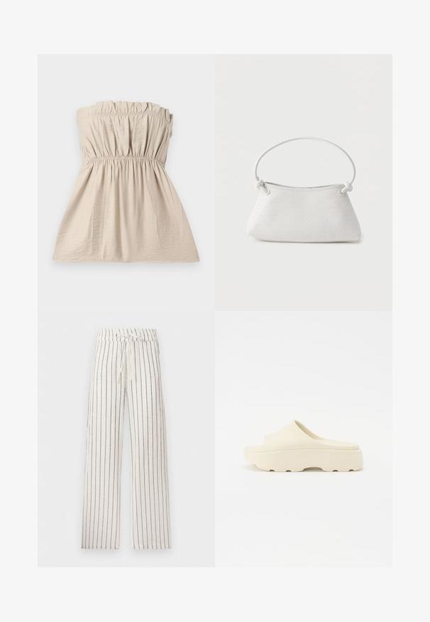 Top sin tirantes de color beige con textura fruncida, banda elástica en la parte superior y la cintura, y una silueta fluida. Tejido ligero con un sutil brillo.; Pantalones blancos de pierna ancha con finas rayas verticales negras y cinturilla con cordón.; Sandalia beige sin correa con una superficie lisa similar al caucho, puntera redondeada, suela gruesa y fondo texturizado para un mejor agarre. Diseño minimalista.; Bolso de mano de cuero blanco tejido con asa redondeada y extremos de la correa anudados, exhibido sobre un fondo liso.