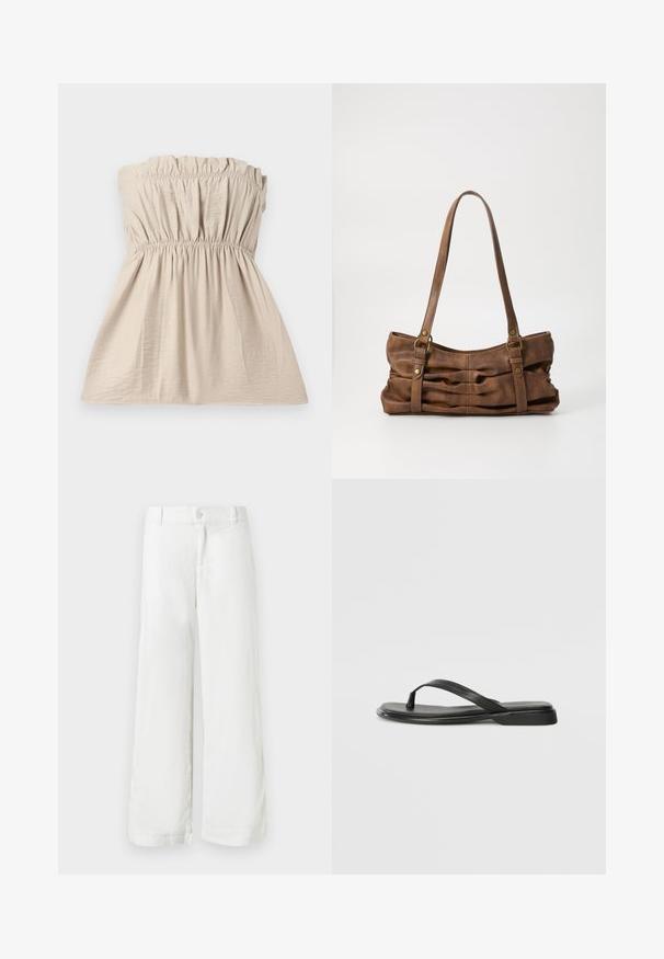 Top sin tirantes de color beige con textura fruncida, banda elástica en la parte superior y la cintura, y una silueta fluida. Tejido ligero con un sutil brillo.; Pantalones blancos de pierna ancha con cierre de botón y cremallera, trabillas para cinturón y bolsillos laterales, exhibidos sobre un fondo blanco.; Chancla negra de piel suave, con un diseño de tira delgada y una suela plana de perfil mínimo. Sin patrones ni acentos notables.; Even&Odd Bolso de mano - brown