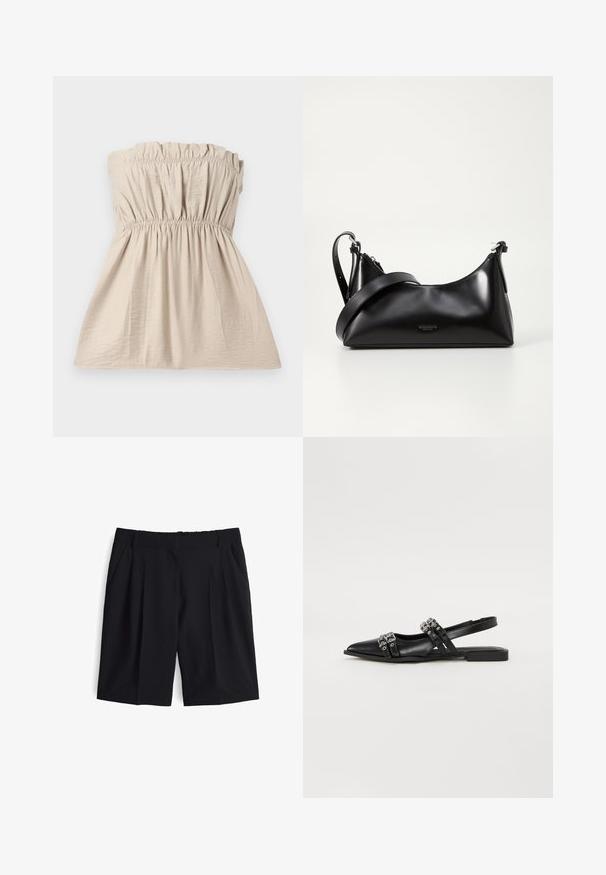 Strapless beiges Oberteil mit geraffter Textur, elastischem Bund oben und an der Taille sowie einer fließenden Silhouette. Leichter Stoff mit subtiler Glanz.; Schwarze Shorts aus leichtem Stoff, mit hoher Taille, vorderen Falten und seitlichen Taschen. Glatte Textur mit elastischem Bund.; Even&Odd by Zalando Sling-Ballerina - black; Schwarze lederne Handtasche mit glatter Textur. Verfügt über einen verstellbaren Riemen und ein elegantes, minimalistisches Design mit einem Reißverschluss.