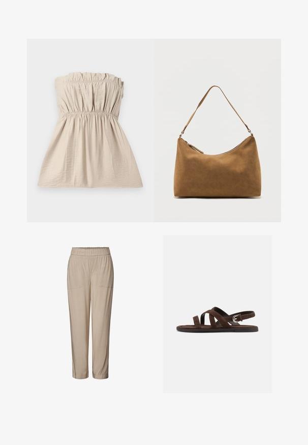 Top sin tirantes de color beige con textura fruncida, banda elástica en la parte superior y la cintura, y una silueta fluida. Tejido ligero con un sutil brillo.; Pantalones beige con cintura elástica, dos bolsillos frontales, diseño de pierna entallada y textura suave. Adecuados para un uso casual o relajado.; Sandalia plana de ante marrón con tres tiras estrechas cruzando el pie y una correa de tobillo con hebilla plateada sobre fondo blanco.; Bolso de hombro de ante marrón con una sola correa y cierre de cremallera superior, exhibido sobre un fondo blanco liso.