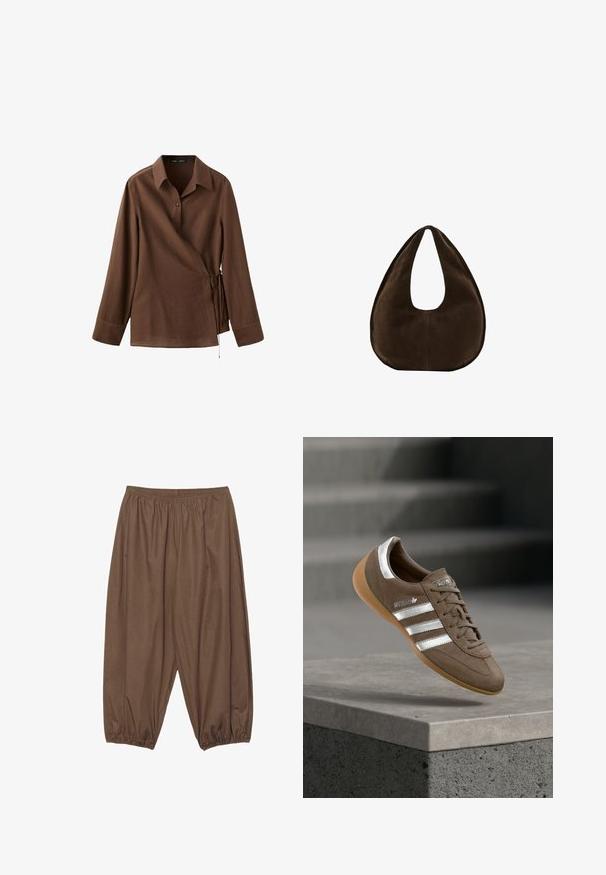 Chemise portefeuille marron à manches longues avec col, fermeture à boutons et nouée sur le côté, sur un fond blanc uni.; Pantalon marron ample avec taille élastique et poignets élastiques froncés, confectionné dans un tissu léger.; Baskets en daim marron avec des rayures blanches et des accents argentés, dotées d'une tige texturée, d'un système de laçage et d'une semelle en caoutchouc gomme.; Sac à main en daim marron foncé en forme de croissant avec une seule sangle large et une texture lisse sur fond blanc.