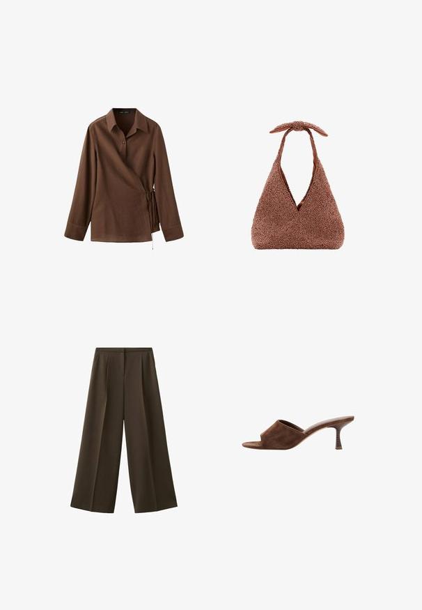 Chemise portefeuille marron à manches longues avec col, fermeture à boutons et nouée sur le côté, sur un fond blanc uni.; Pantalon à jambes larges en tissu marron foncé, avec plis à l'avant et texture lisse. Pas de poches visibles ni d'ornements.; Mule en daim marron à bout ouvert, talon en bois incurvé de hauteur moyenne et design à enfiler sur fond blanc.; Sac à main triangulaire texturé marron avec une ouverture en V profonde et une courte poignée nouée en haut, sur fond blanc uni.