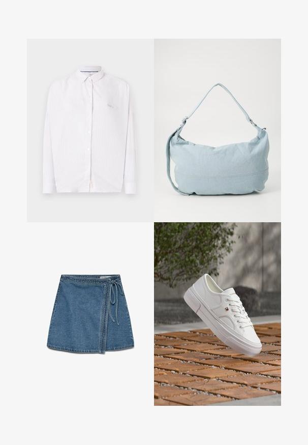 Hvid skjorte med lange ærmer med subtile lodrette striber og en lille krave, vist mod en ensfarvet baggrund.; Denim indigo omslagskørt i lys blå med et bånd i taljen, der har en lige pasform og en glat tekstur. Ingen synlige mønstre eller dekorationer.; Hvid læder sneaker med snørebånd og et lille rødt, hvidt og blåt logo, der svæver over en mønstret træ- og grusbelægning udendørs.; Lysblå denim skuldertaske i en rund form, justerbar rem og diskret syning langs den nederste kant. Blød tekstur.