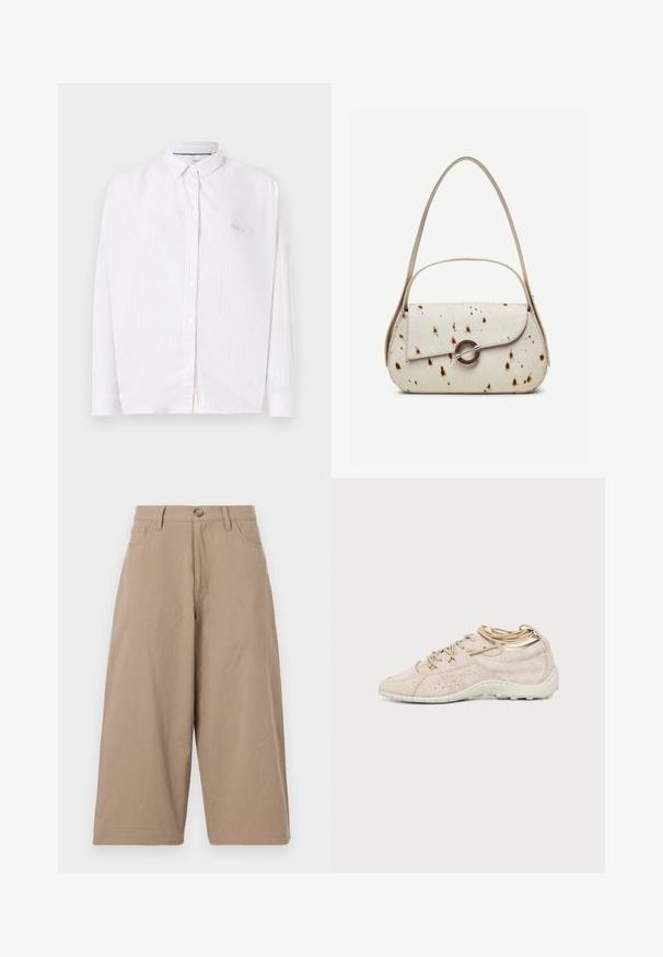 Chemise blanche à manches longues avec fines rayures verticales et petit col, présentée sur un fond uni.; Pantalons larges kaki en coton, dotés d'une taille haute, de poches frontales et d'une fermeture à bouton unique. Texture lisse et coupe droite.; Baskets décontractées beige clair avec surface texturée, design à lacets et semelle en caoutchouc blanche vues de côté sur un fond uni.; Sac à main couleur crème avec des taches marron, rabat incurvé avec une fermeture métallique circulaire, doté de deux fines anses, dont une plus longue pour porter à l'épaule.