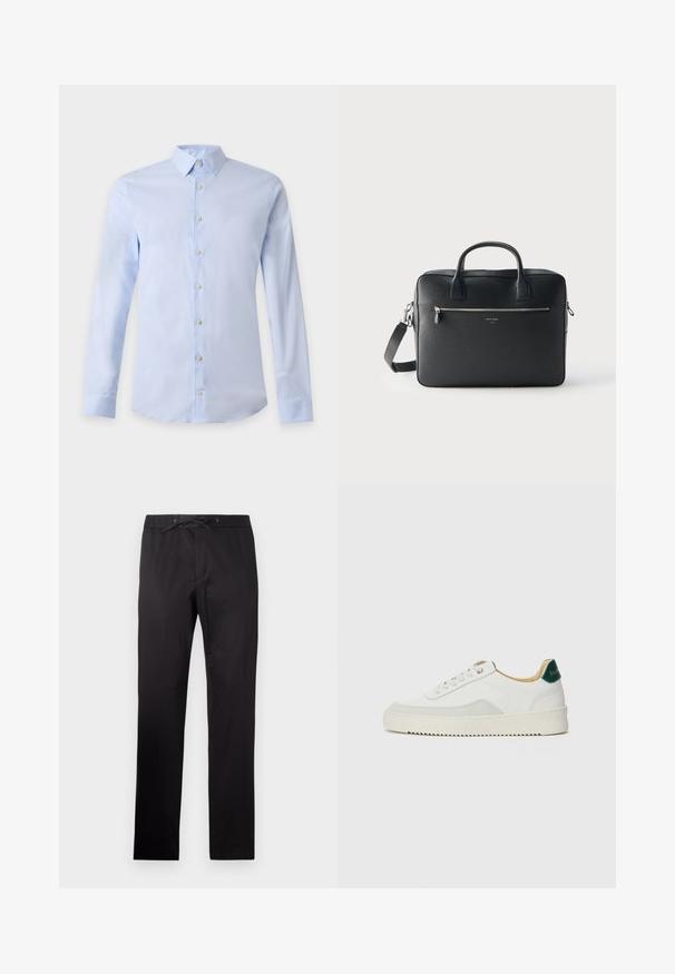 Lichtblauw herenoverhemd met lange mouwen, klassieke kraag en witte knopen aan de voorkant op een effen achtergrond.; Zwarte broek met een elastische tailleband en koord. Heeft een gladde textuur en een recht model. Minimalistische stijl zonder patronen.; Witte sneaker met suède accenten, ronde neus, platte veters en een crème rubberen zool. Bevat groene branding op de hiel.; Zwarte rechthoekige leren aktetas met dubbele handvatten, voorvak met rits en afneembare schouderriem tegen een effen lichte achtergrond.