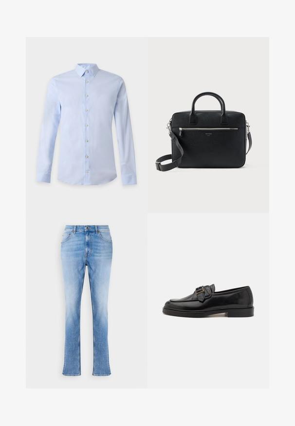 Svetlomodrá pánska košeľa s dlhým rukávom, klasickým golierom a bielymi gombíkmi vpredu na jednoliatom pozadí.; Svetlomodré džíny z denimu so straight fit a mierne rozšírenými členkami. Obsahujú klasický dizajn s piatimi vreckami a uzatváranie na mosadzný gombík.; Čierne kožené poltopánky s okrúhlou špičkou a dekoratívnym prackovým detailom. Plochý, pevný podpätok a hladká textúra po celom povrchu.; Čierna textúrovaná obdĺžniková kožená aktovka s dvojitými rukoväťami, predným vreckom na zips a nastaviteľným ramenným popruhom, zobrazená na bielom pozadí.